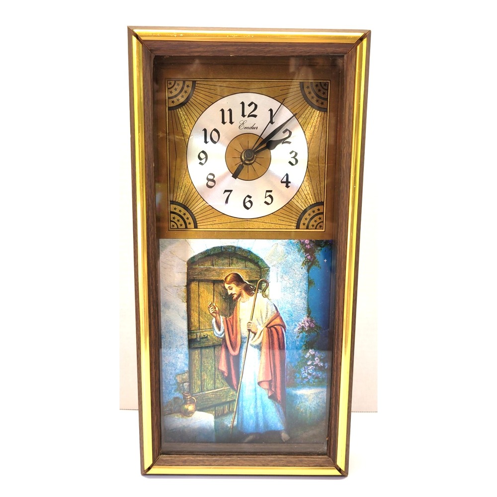 Clock Vintage 1983 Foil Jesus Knocking On Door‎ Quartz Clock 14x7 WORKS